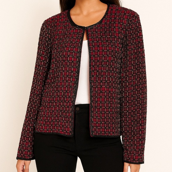 EUC Vintage Sténay 100% Silk Beaded Jacket in Red and Black size M - Picture 1 of 14